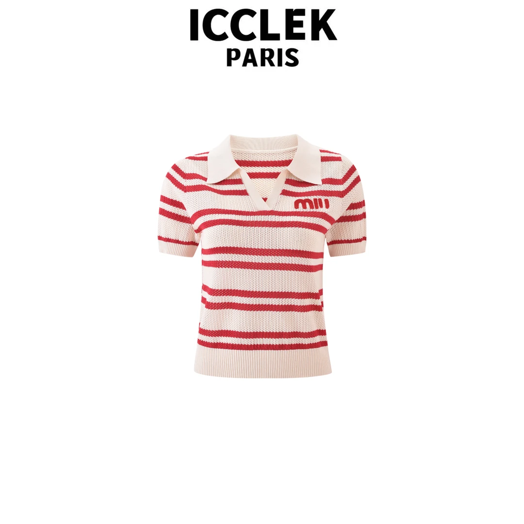 ICCLEK 红色V领条纹字母刺绣针织短袖休闲百搭气质宽松上衣-5824