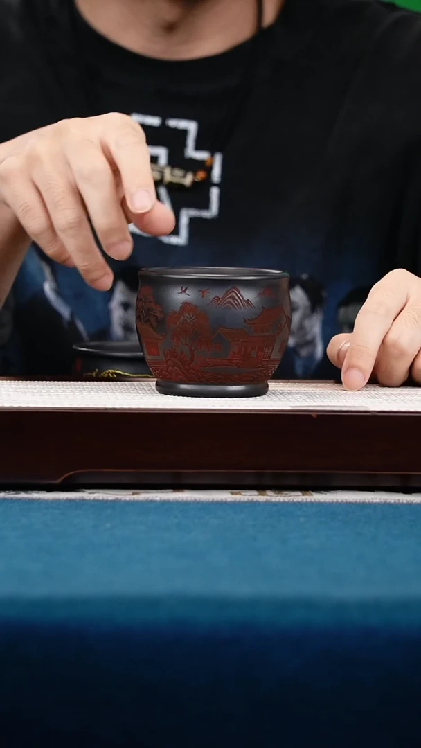 茶壶紫砂石黄主人杯彩刻