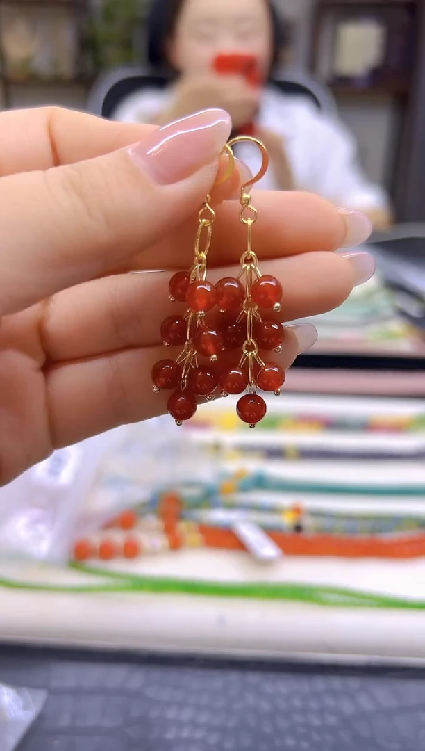 14K金镶嵌南红玛瑙耳饰DIY款E885