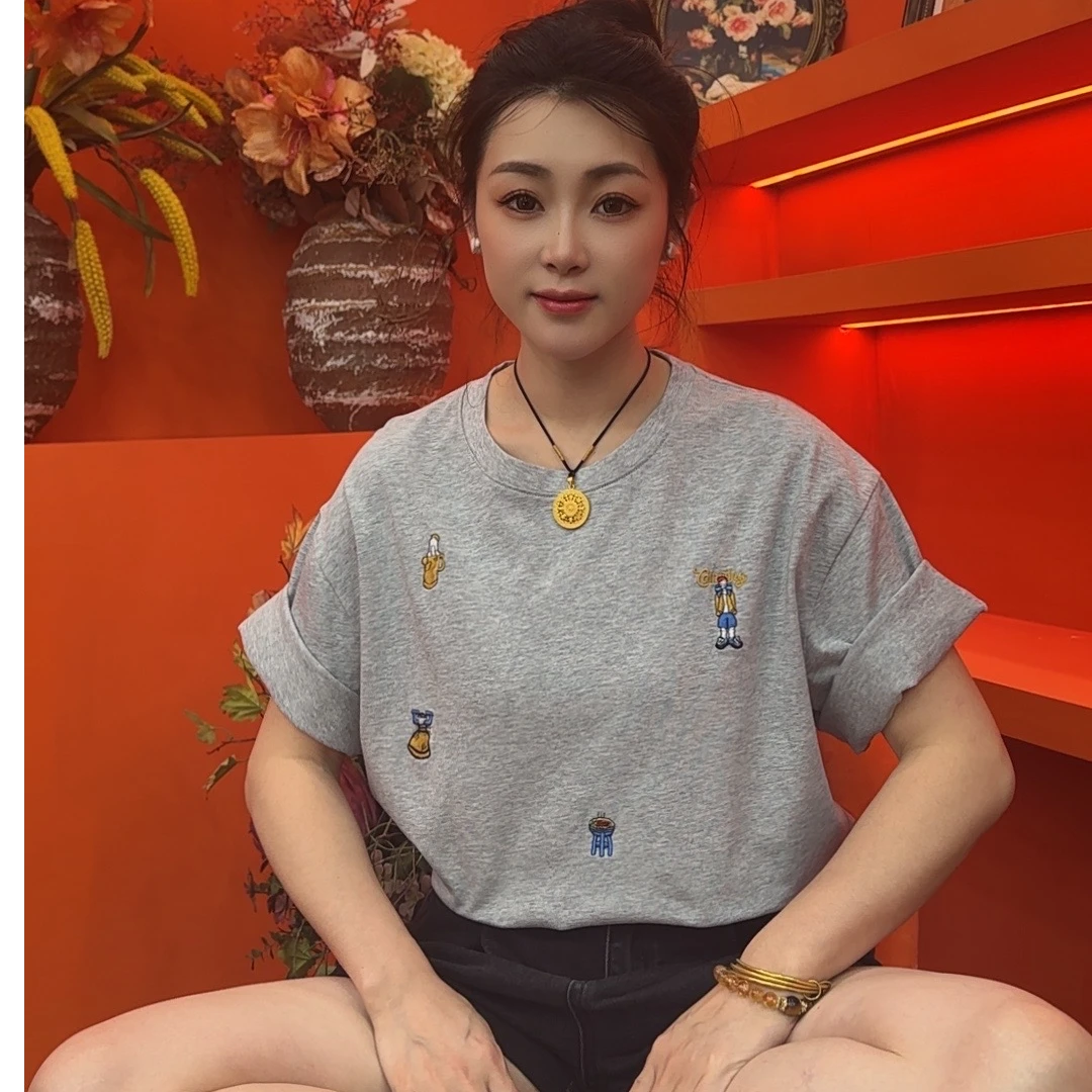 2465-ZF夏季新款满印时尚印花纯棉女装短袖圆领百搭纯色创意T恤