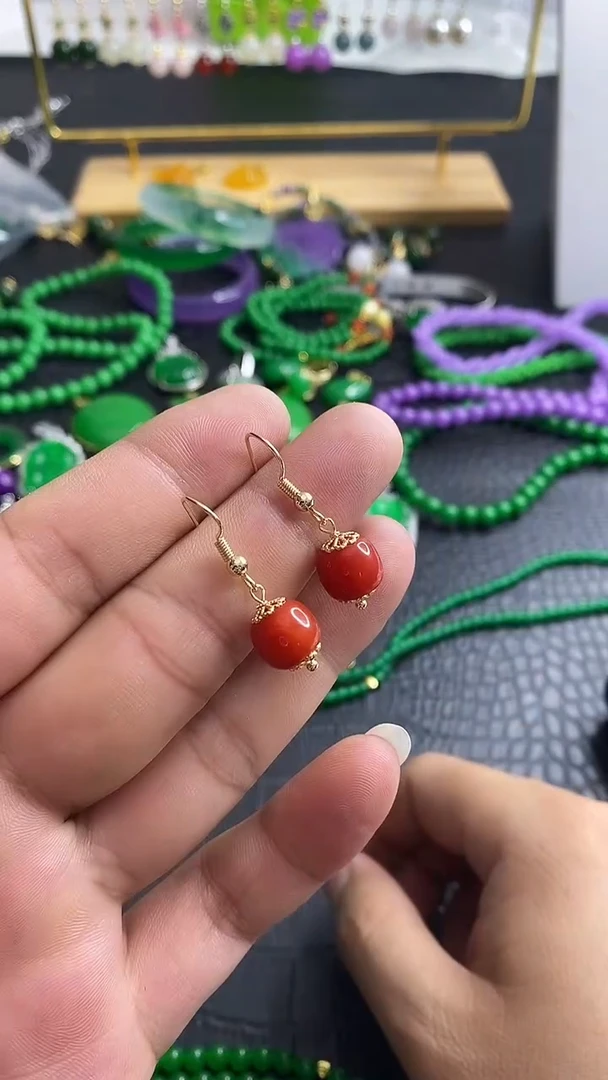 银S925镀金镶嵌南红玛瑙耳饰S003