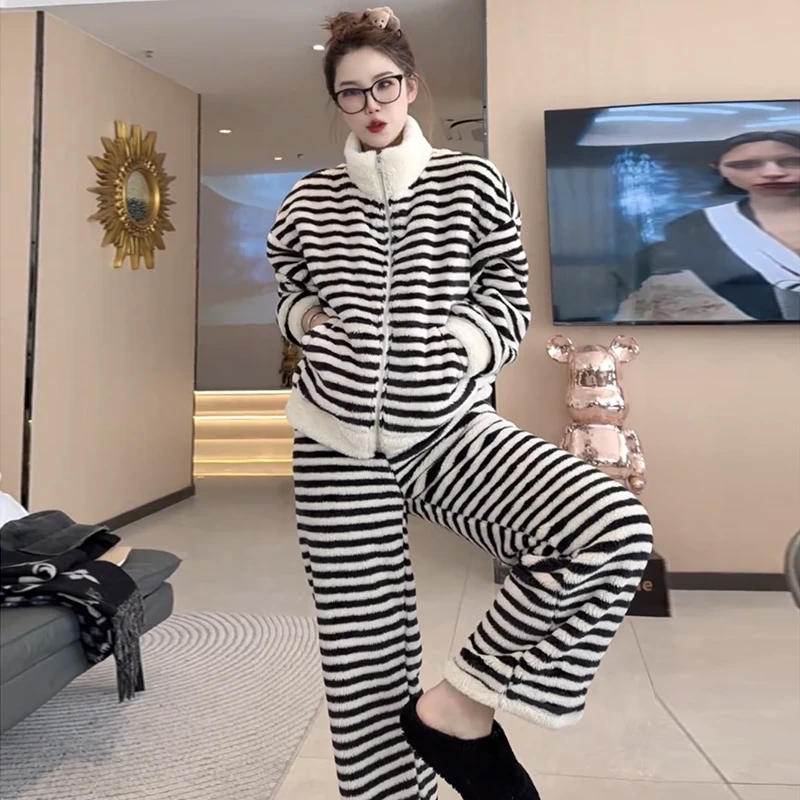 【新疆西藏包邮】新款条纹立领珊瑚绒套装睡衣柔软亲肤舒适家居睡衣