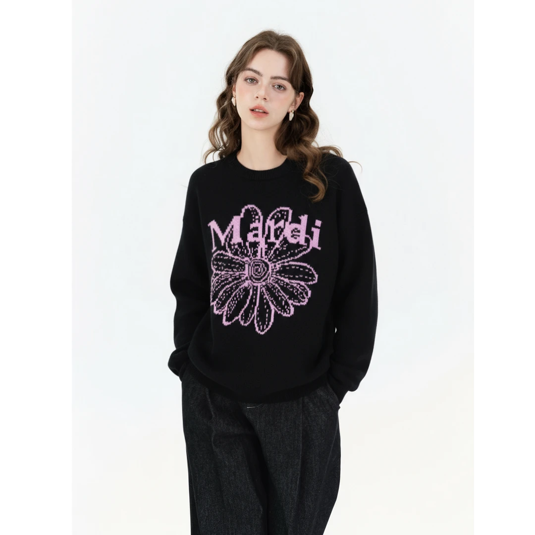 Mardi25新款韩系羊毛经典雏菊圆领宽松毛衣女秋冬新款