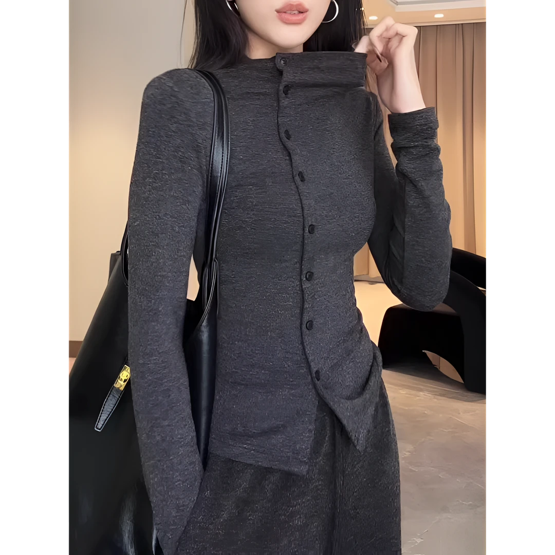 不规则纽扣设计长袖T恤女秋冬打底外穿修身时尚显瘦韩版灰色上衣