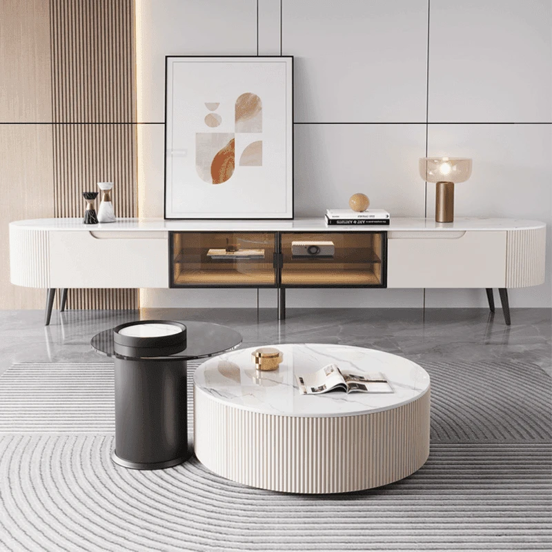 轻奢岩板圆形茶几电视柜组合现代简约客厅小户型高级感ins奶油风