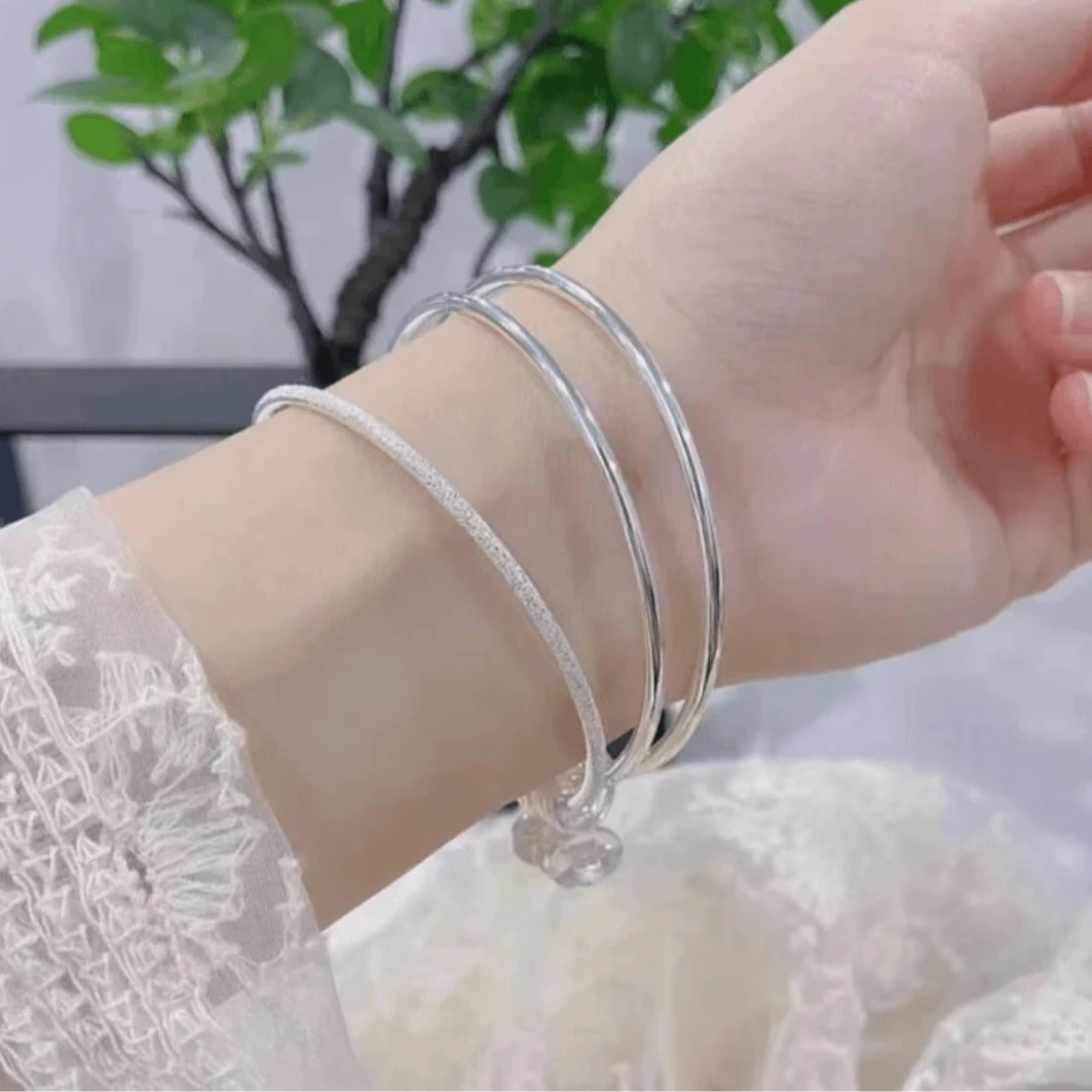 足银手镯 三生三世轻奢钉砂两世欢素圈银手镯气质女士足银9999