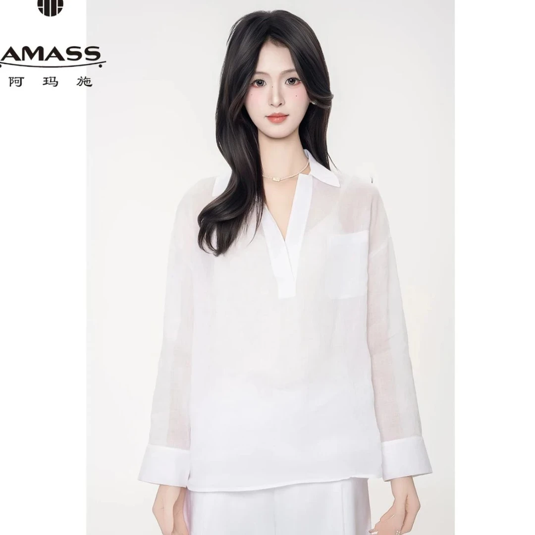 AMASS/阿玛施百搭时尚简约纯色休闲长袖廓形翻领苎麻衬衫530074