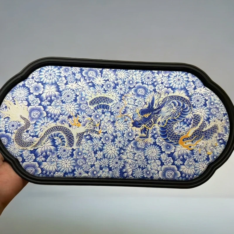 万花青龙茶盘-1265手工蓝色蓝色轻奢复古家用陶瓷干泡盘蓝色方形