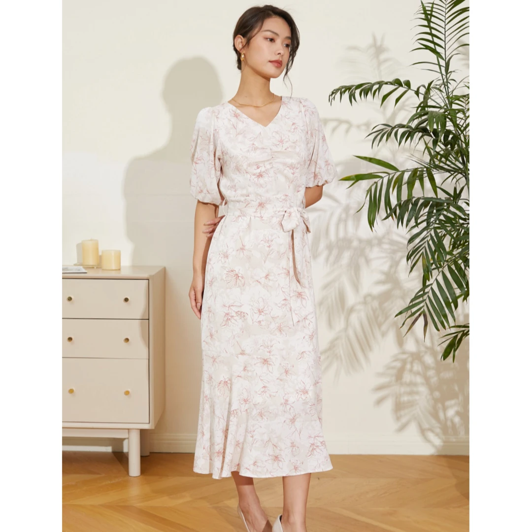 【胖虎家】 印花 B 春夏系带气质优雅中高腰长裙连衣裙