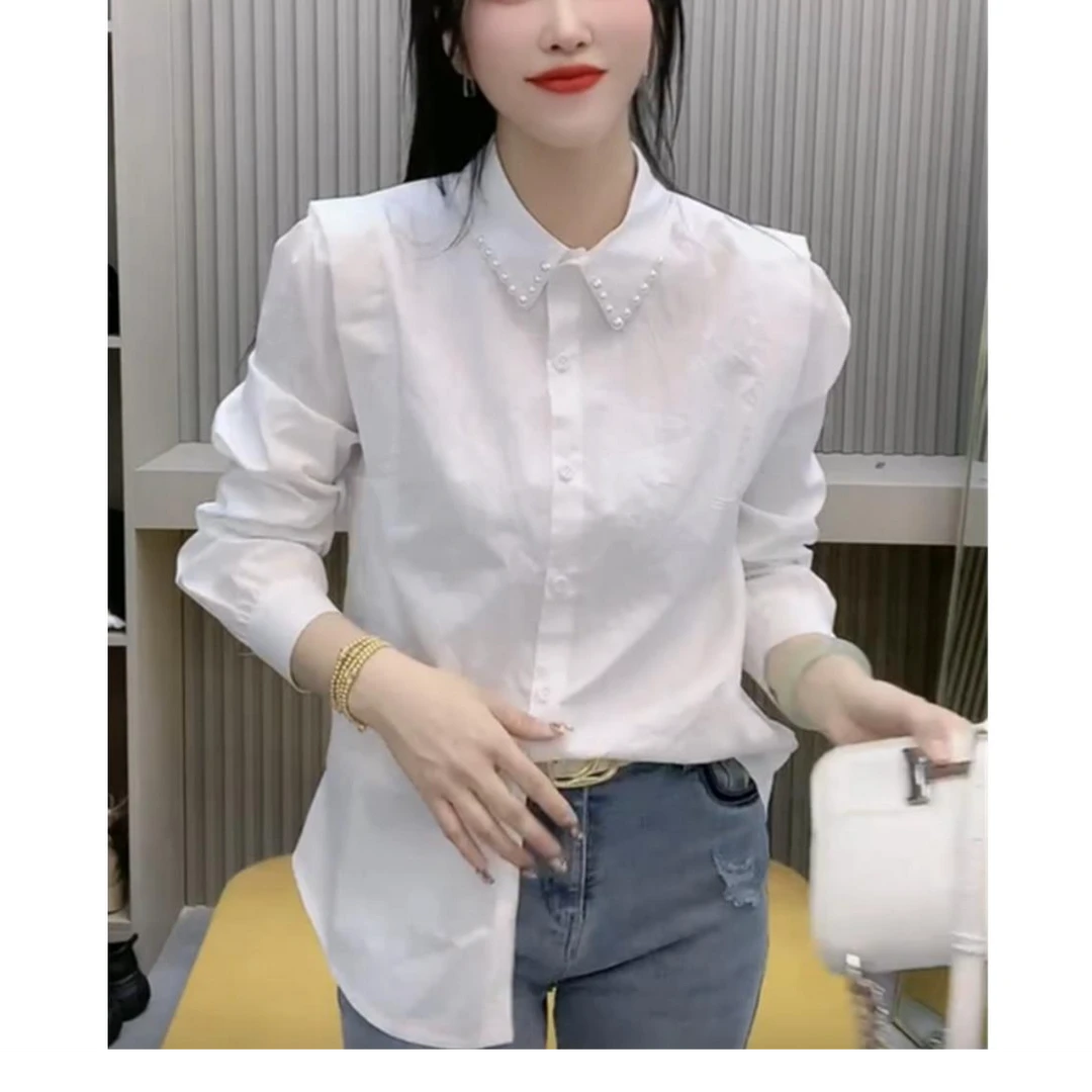 设计感珍珠领白色衬衫女早春新款高级感时髦宽松显瘦百搭微胖上衣