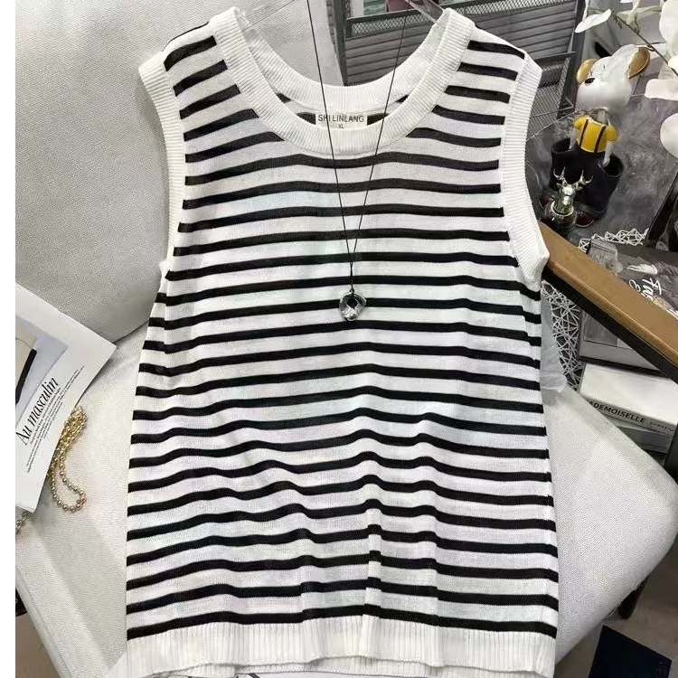 大码冰丝针织无袖t恤上衣外穿背心女款夏季内搭白色薄款新款短袖