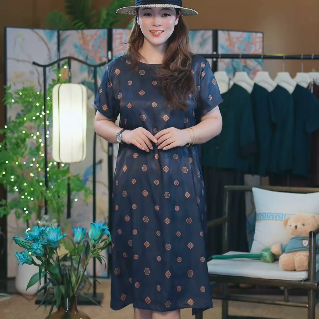杯子家《经典老花连衣裙》休闲百搭透气减龄款