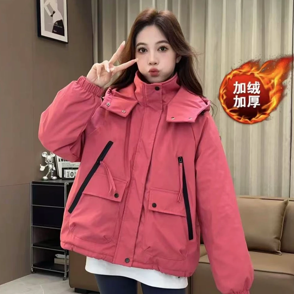 2025新款冬季女装加绒加棉外套大口袋冲锋衣外套女短款小个子上衣