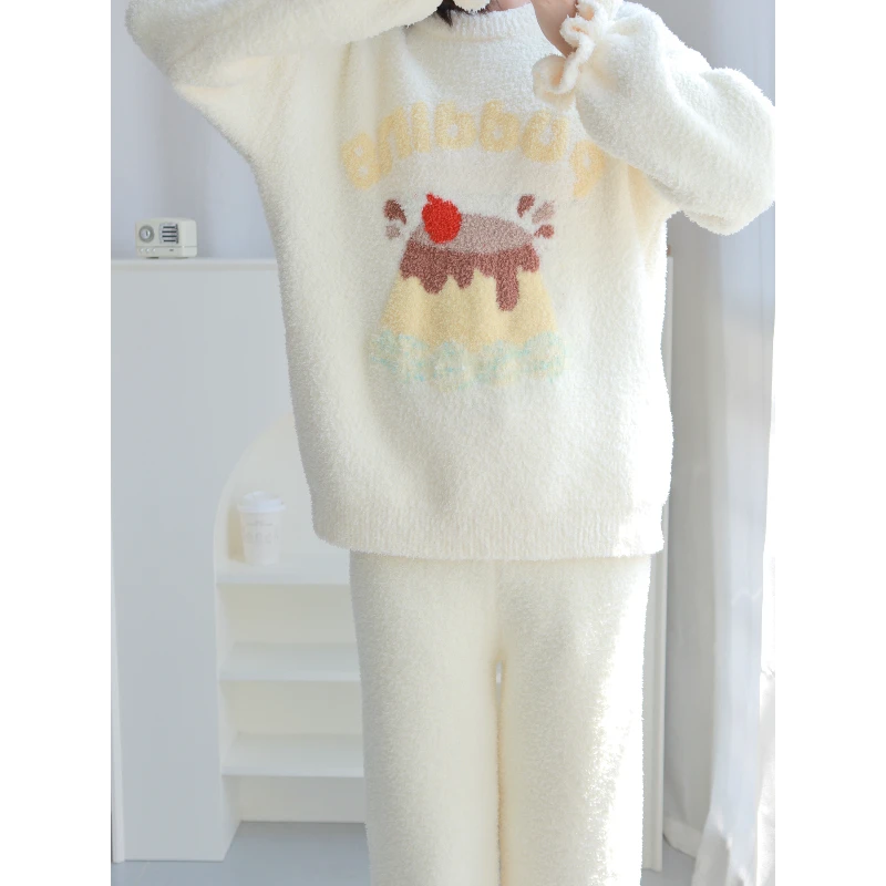 韩版甜美蛋糕针织半边绒睡衣女秋冬季新款保暖开衫加厚家居服套装