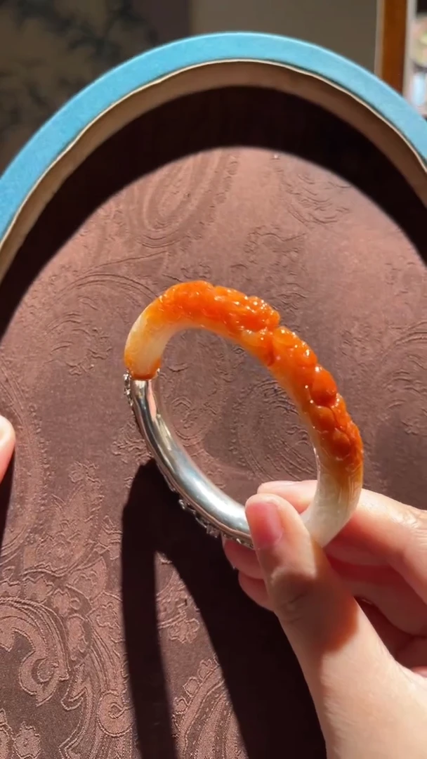 翡翠手镯银S925镶嵌红翡绿翠