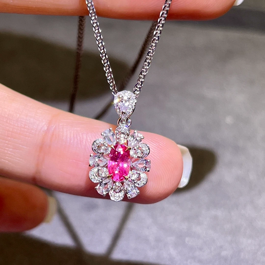 18K金镶嵌天然无烧斯里兰卡帕帕拉恰项链吊坠/简约大气精致典雅