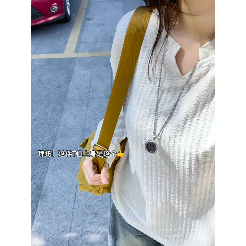 【早秋风】美式复古卫衣春秋潮牌肌理感长袖百搭T恤宽松v领打底衫