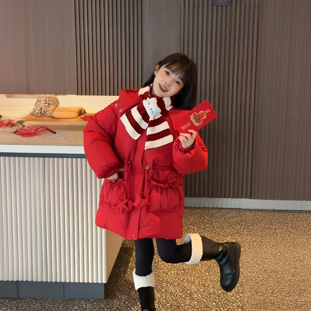 【送围脖】公主风高领厚款中长款加绒加厚棉服棉袄百搭红色女童洋气