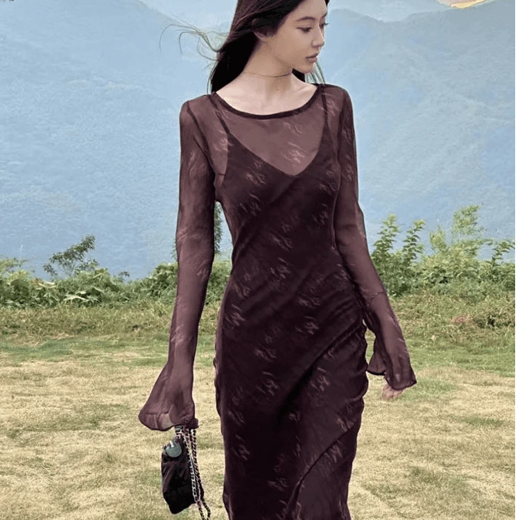 【两件套】2025春季法式气质印花中长款罩衫上衣修身吊带连衣裙装女