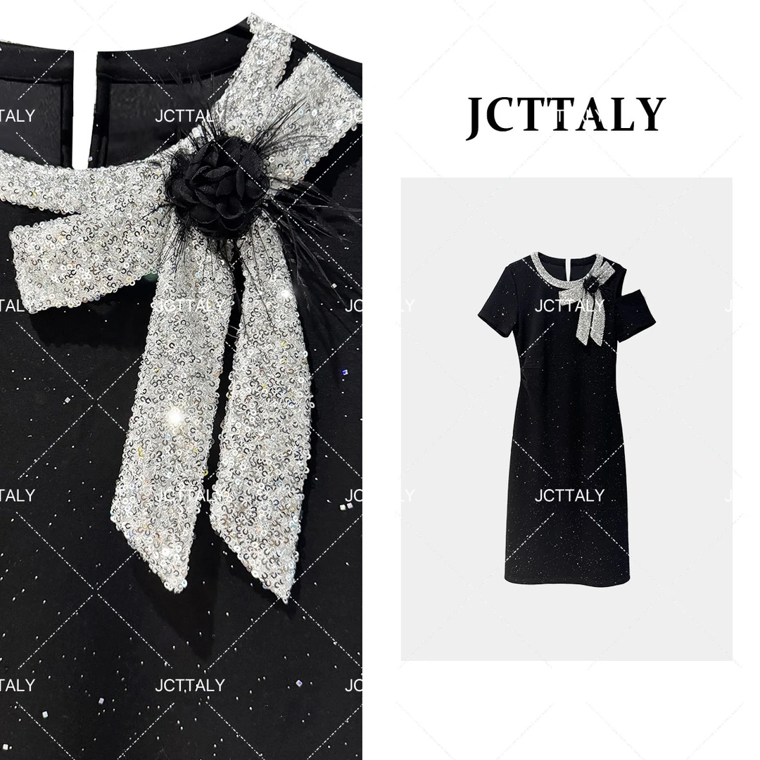 【小航】COCO夏季新款时尚亮片气质蝴蝶结山茶花短袖连衣裙JC-A3020