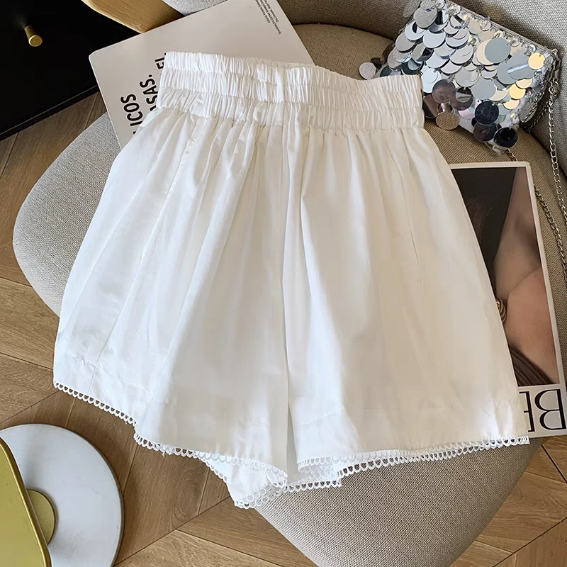 女童夏季韩系纯棉洋气拼接花边短裤中大童多巴胺休闲宽松阔腿裤