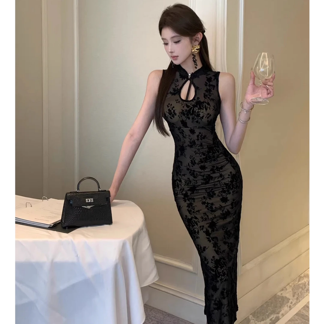 D223盛宏无袖立领纯色圆襟水滴领旗袍气质黑色设计感少女印花蕾丝