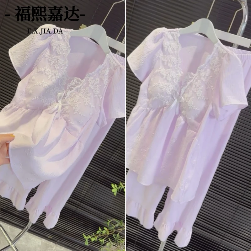 2025春夏新款睡衣女套装带胸垫可外出公主蕾丝甜美性感家居服套装