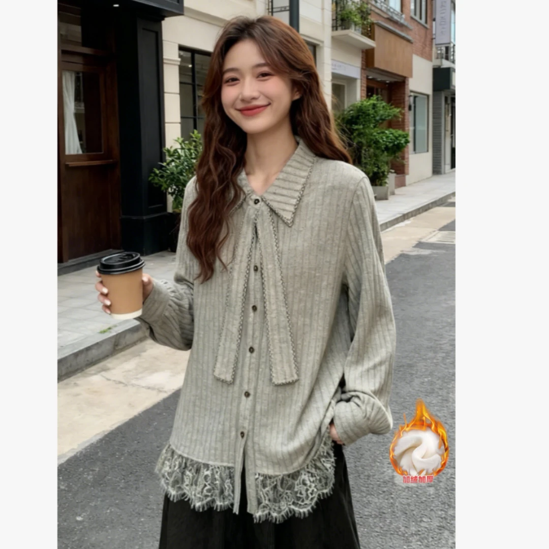 上衣秋冬新款显瘦百搭设计感洋气蕾丝拼接长袖中长款宽松衬衫女