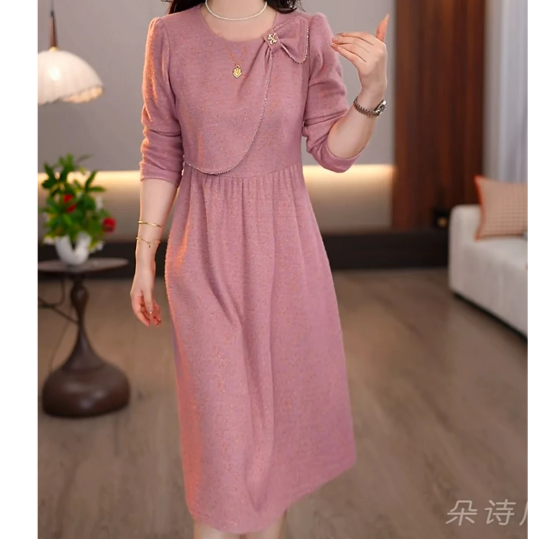 朵诗尼2025秋款流光粉蝴蝶结设计优雅时尚气质洋气轻奢显瘦连衣裙