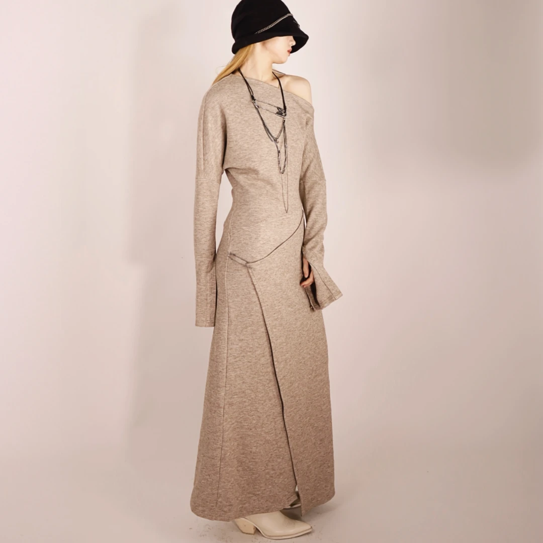 ZHIDAN WANG原创针织羊绒斜肩多穿显瘦秋冬款温柔系优雅连衣裙