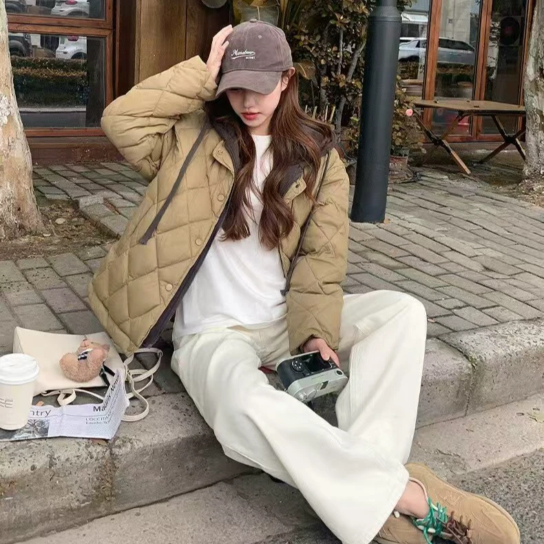 高品质菱格撞色拼接假两件连帽棉服棉衣洋气显瘦（衣长66左右）