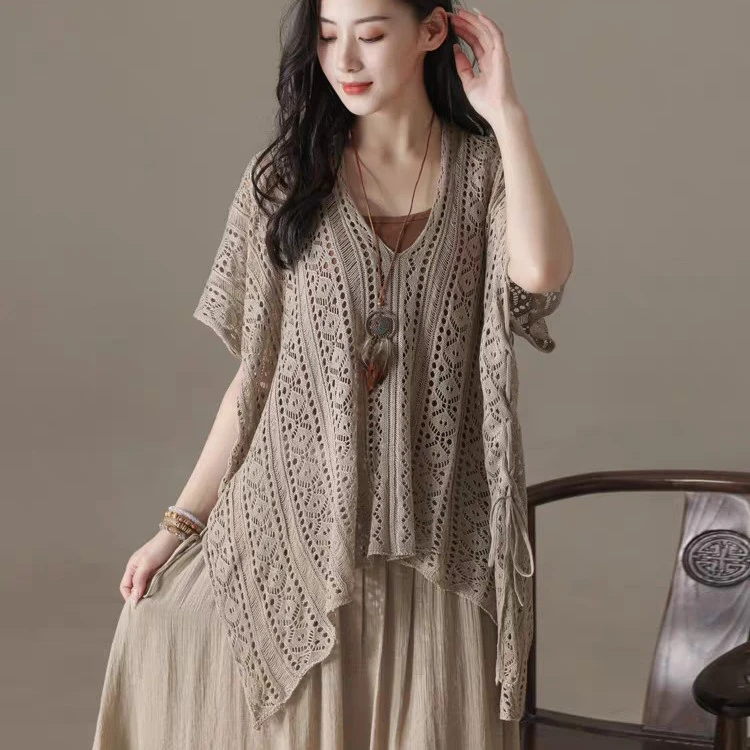 夏季度假风钩花镂空套头针织衫女中长款复古遮肉抽绳海边防晒罩衫