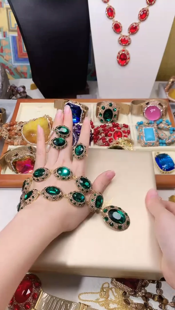 铜合金大理石奢华绿色项链 戒指耳环