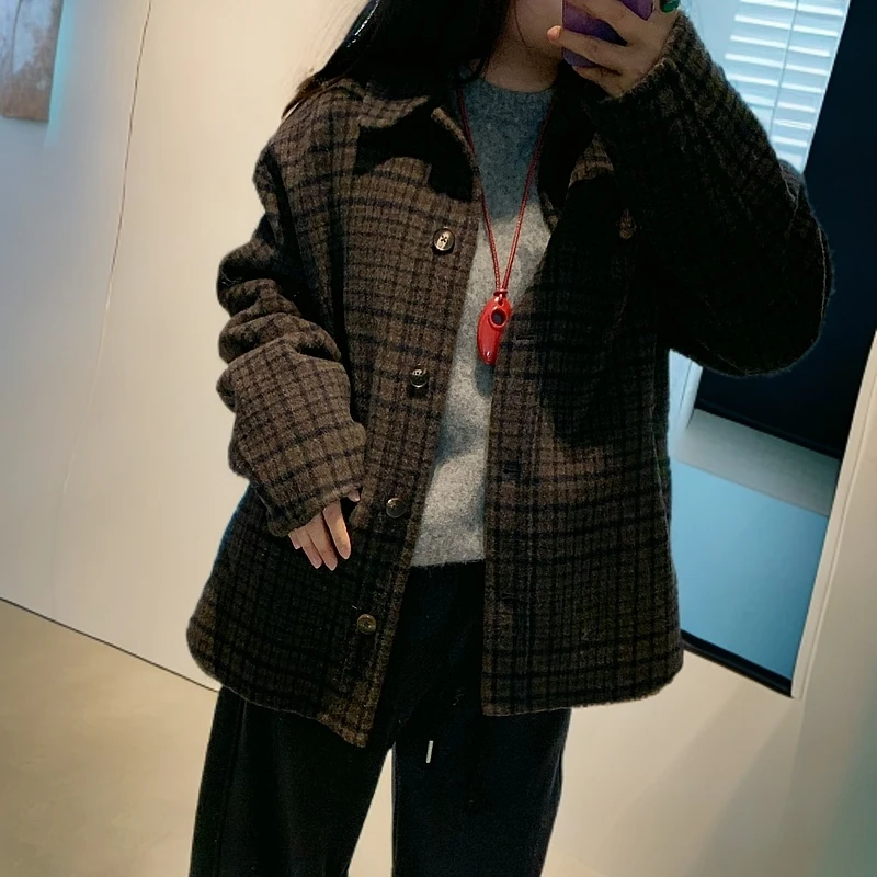 厚款秋冬常规衬衫百搭中长款宽松千鸟格休闲毛呢短外套