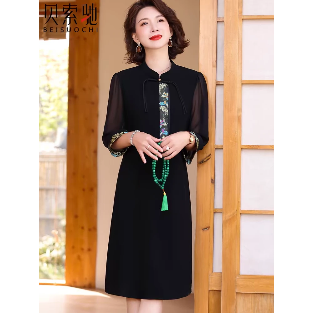 【HQ927】新款中年妈妈中国风连衣裙中长款中老年女装雪纺裙子