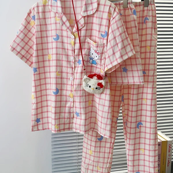 甜美格子可爱凯蒂猫睡衣女2025春夏新款开衫翻领短袖三件套家居服