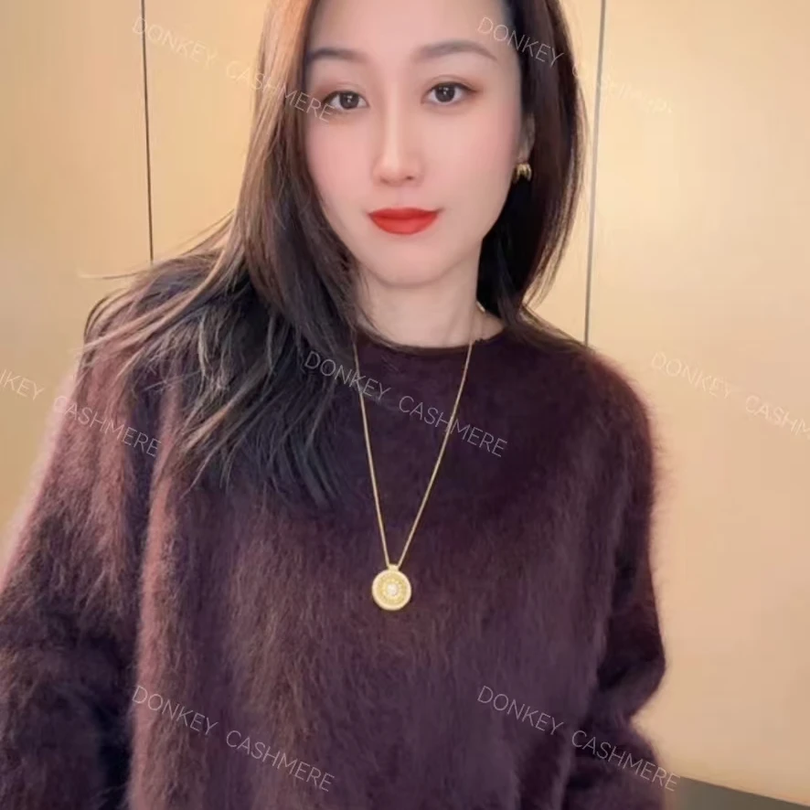 【松弛卷边】100%山羊绒拉绒圆领女慵懒显瘦宽松洋气百搭针织