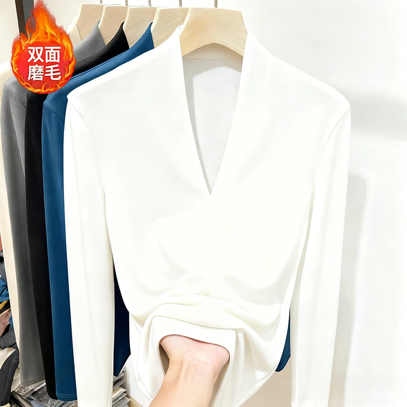 欧货V领双面磨毛绒长袖t恤女上衣2024新款秋冬修身洋气内搭打底衫