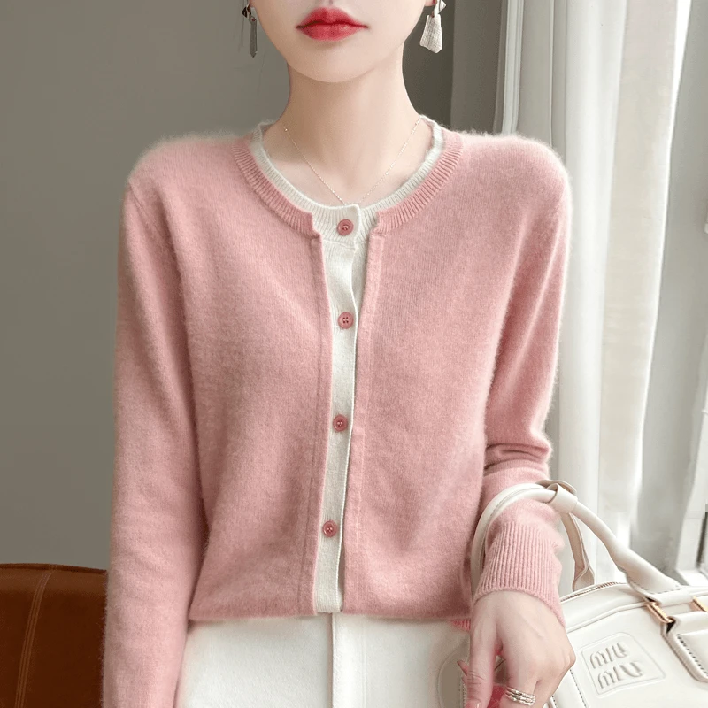 新品福利~24秋新款100%美丽诺羊毛圆领假两件开衫女 JJ-143