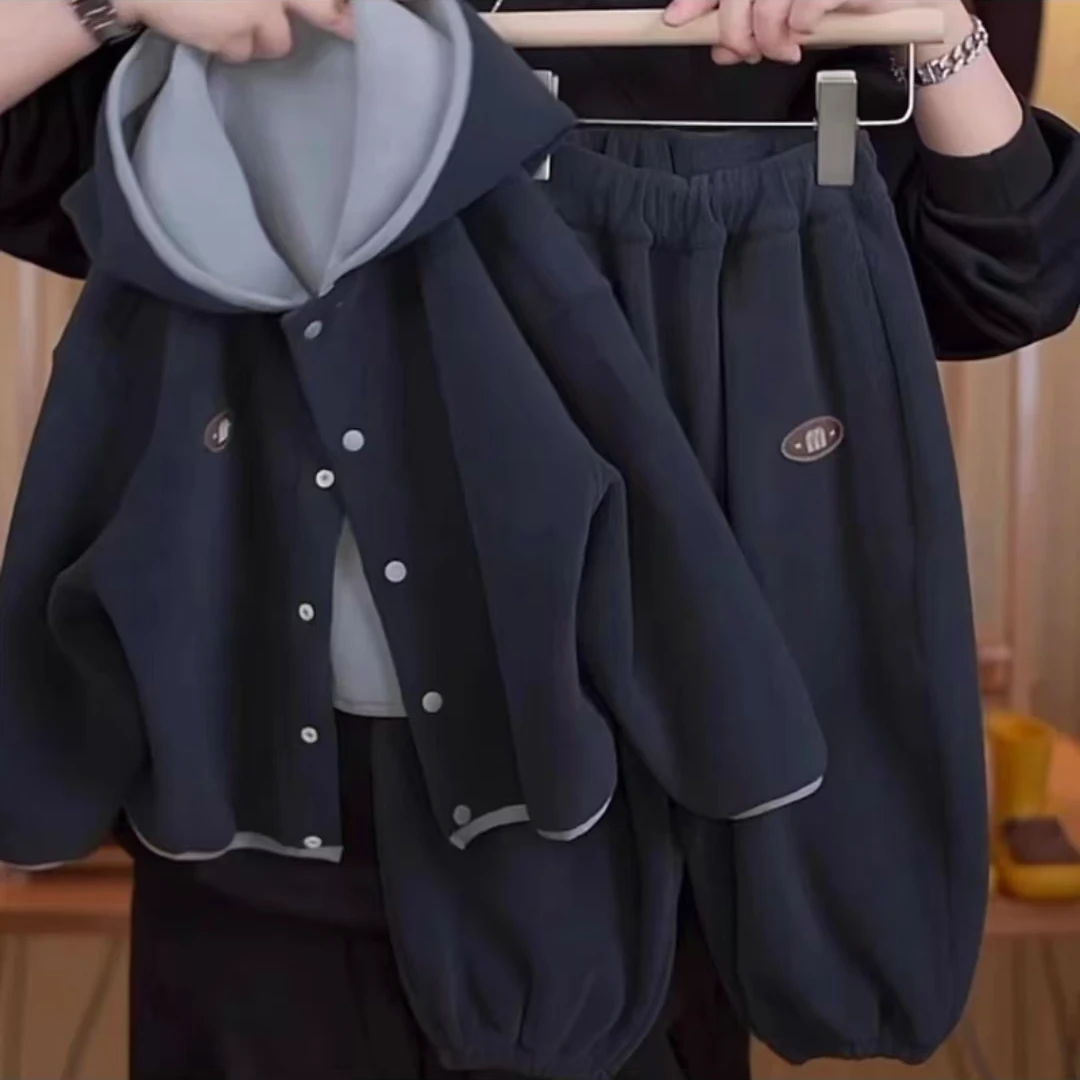 【现货捡漏】儿童加绒套装冬季2024新款男童纯色贴标两件套