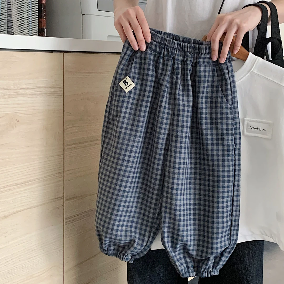 男童夏装裤子2025新款儿童薄款格子长裤男孩防蚊裤耐脏轻薄童裤潮