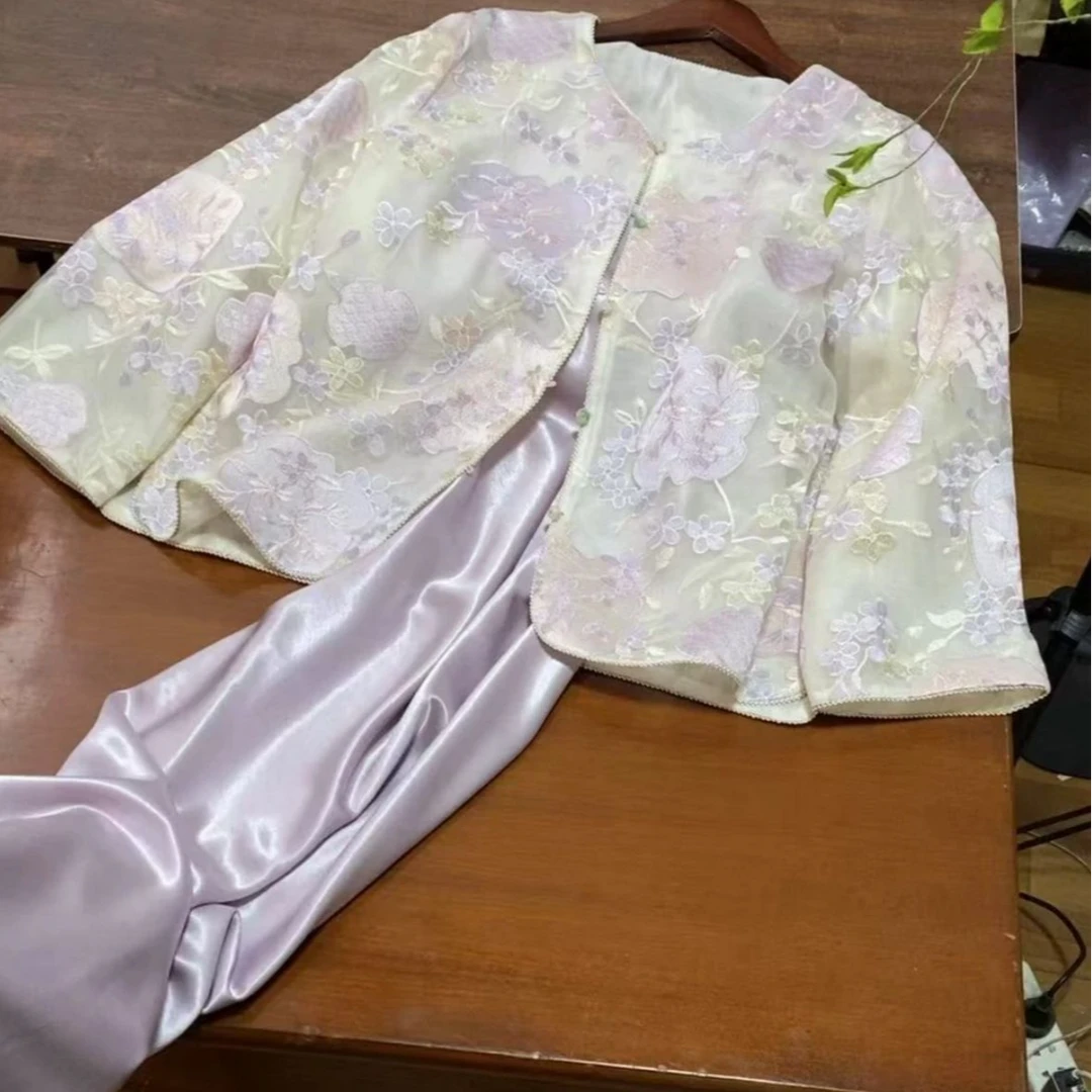 上衣春夏常规款唐装碎花刺绣网红短款长袖重工立领百搭薄款