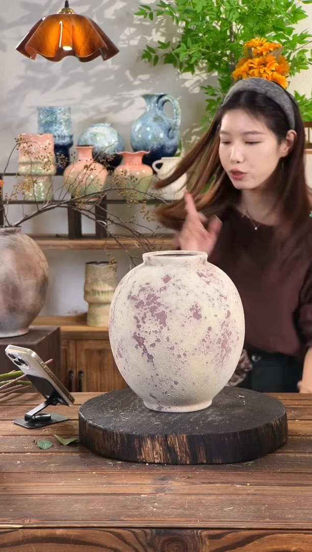 【斑点红月亮罐】侘寂风斑驳陶罐水培陶瓷花瓶【口10直径24高24.5cm】