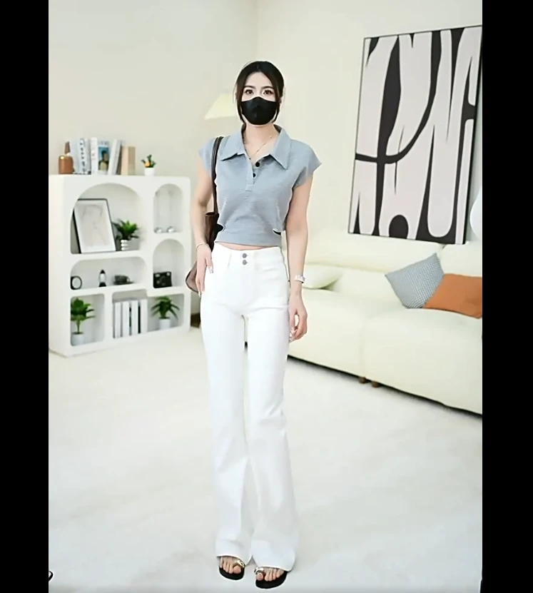 四面弹甜白高腰微喇牛仔裤女2025秋季新款美式宽松显瘦修身直筒裤