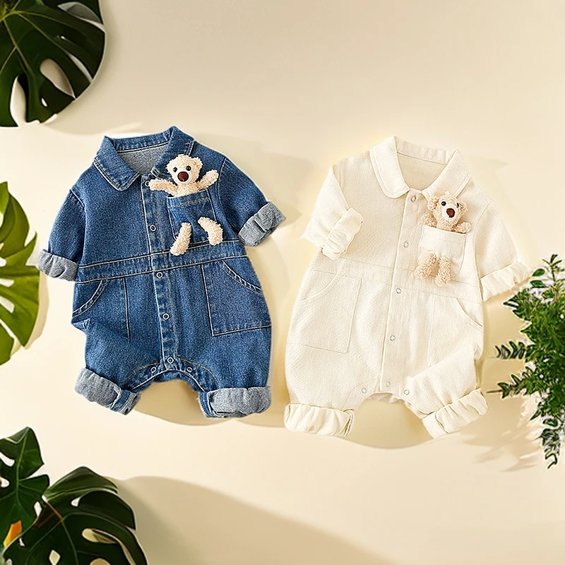 婴儿衣服春装新生儿软牛仔连体衣男女宝宝衣服春秋款外出服爬爬服