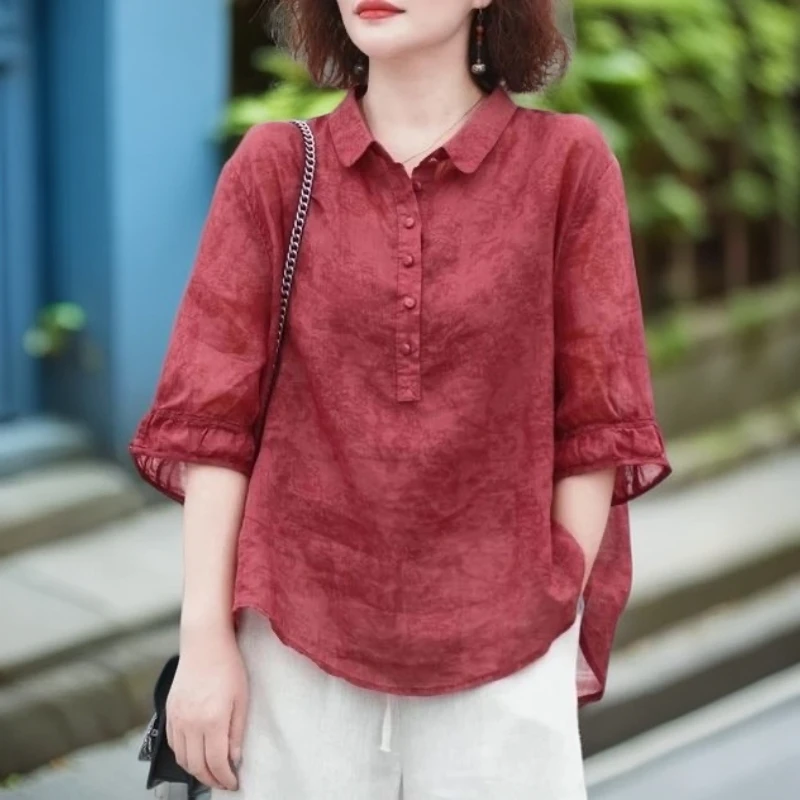 爆款夏季时尚高档衬衫休闲薄款中老年女装妈妈妈装洋气复古文艺