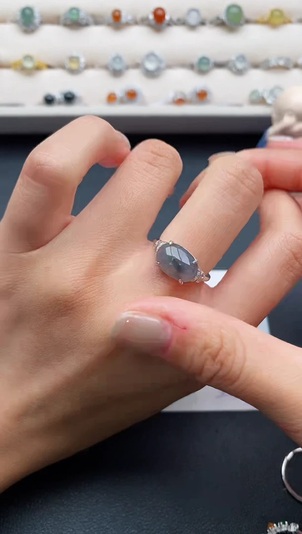 银S925镶嵌戒指翡翠缅甸天然A货翡翠111  7-5