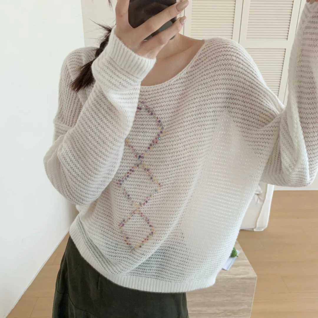 【素简.690178】秋冬新款金线驼羊绒珠管菱格设计女装针织衫