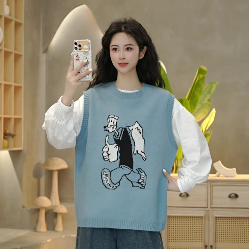 5184  针织马甲女新款宽松软糯毛衣女大力水手提花背心女士上衣