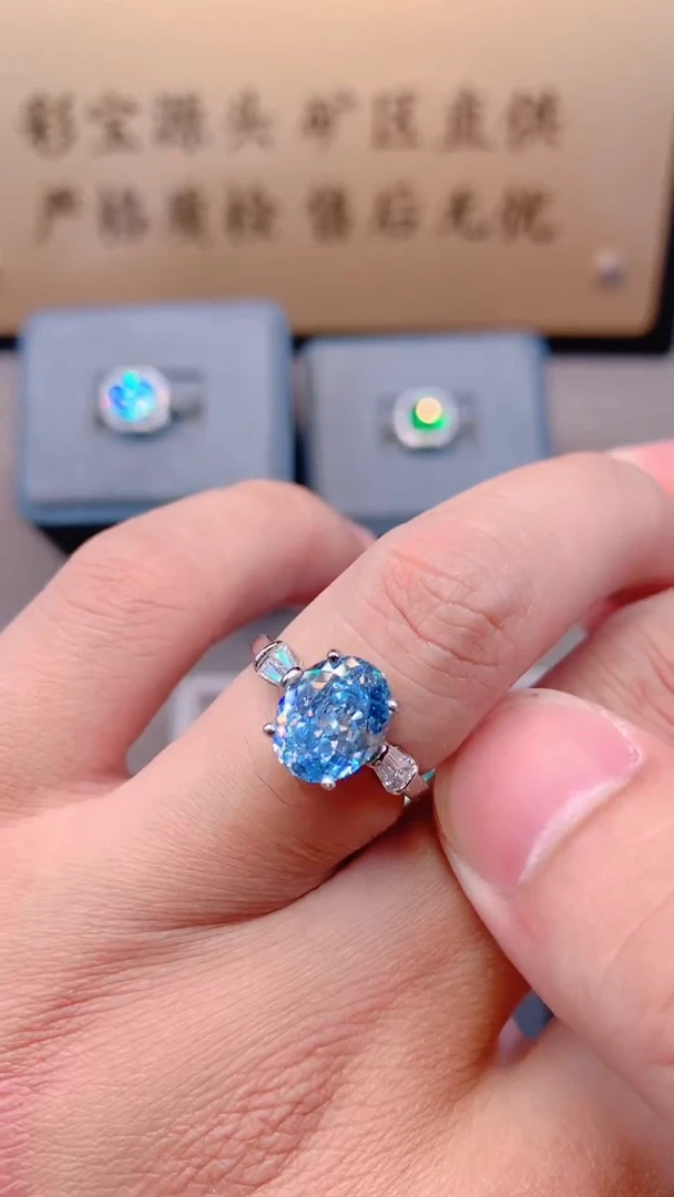 银S925镶嵌戒圈海蓝宝石222